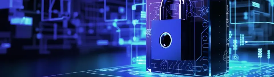 Kursübersicht Cybersecurity Server mit Schloss auf blauem Hintergrund